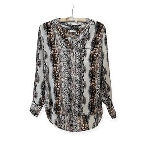 Equipment Femme White Brown Silk Snakeskin Print Long Sleeve Flowy Blouse - Sz S